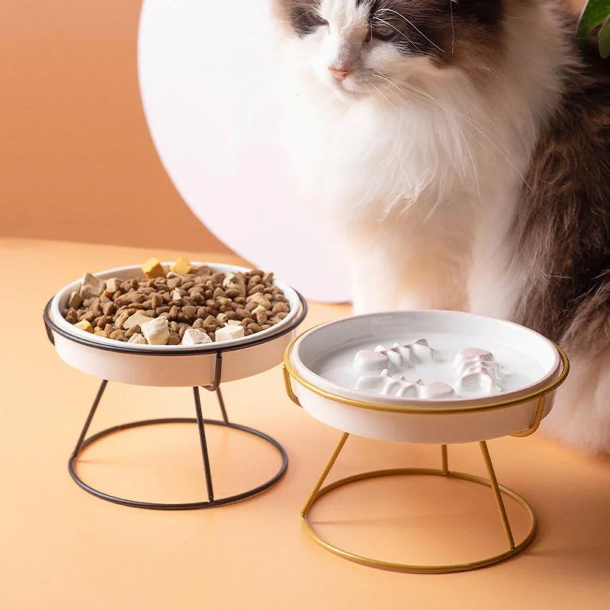 Ceramic Cat Bowl Slow Feeder Pet Food Tray for Cats and Dogs Non Slip Design - Yellow Bowl-White Tray Rack