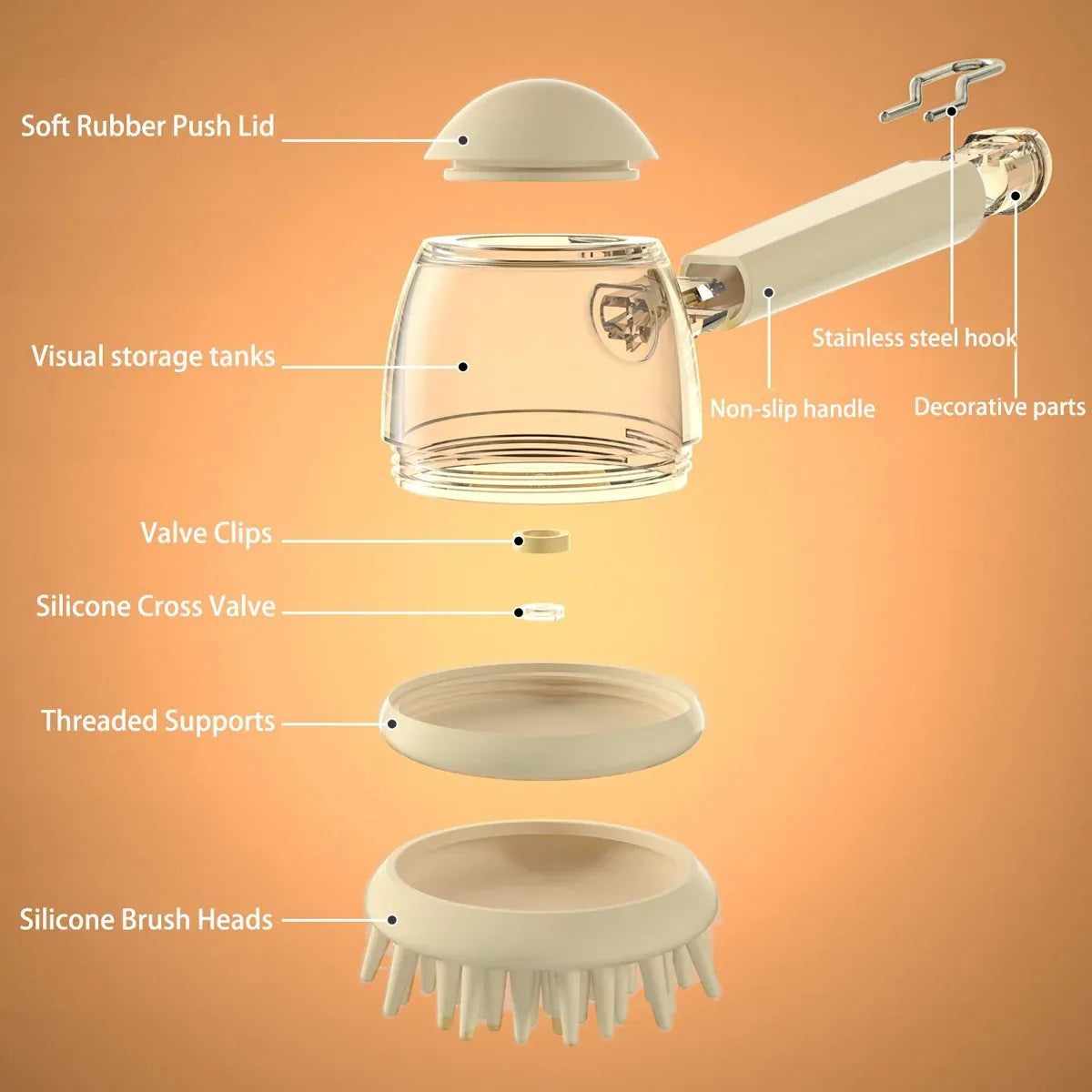 Pet Bath Brush Dog Massage Brush Press to Dispense Liquid Pet Grooming Tools - Beige