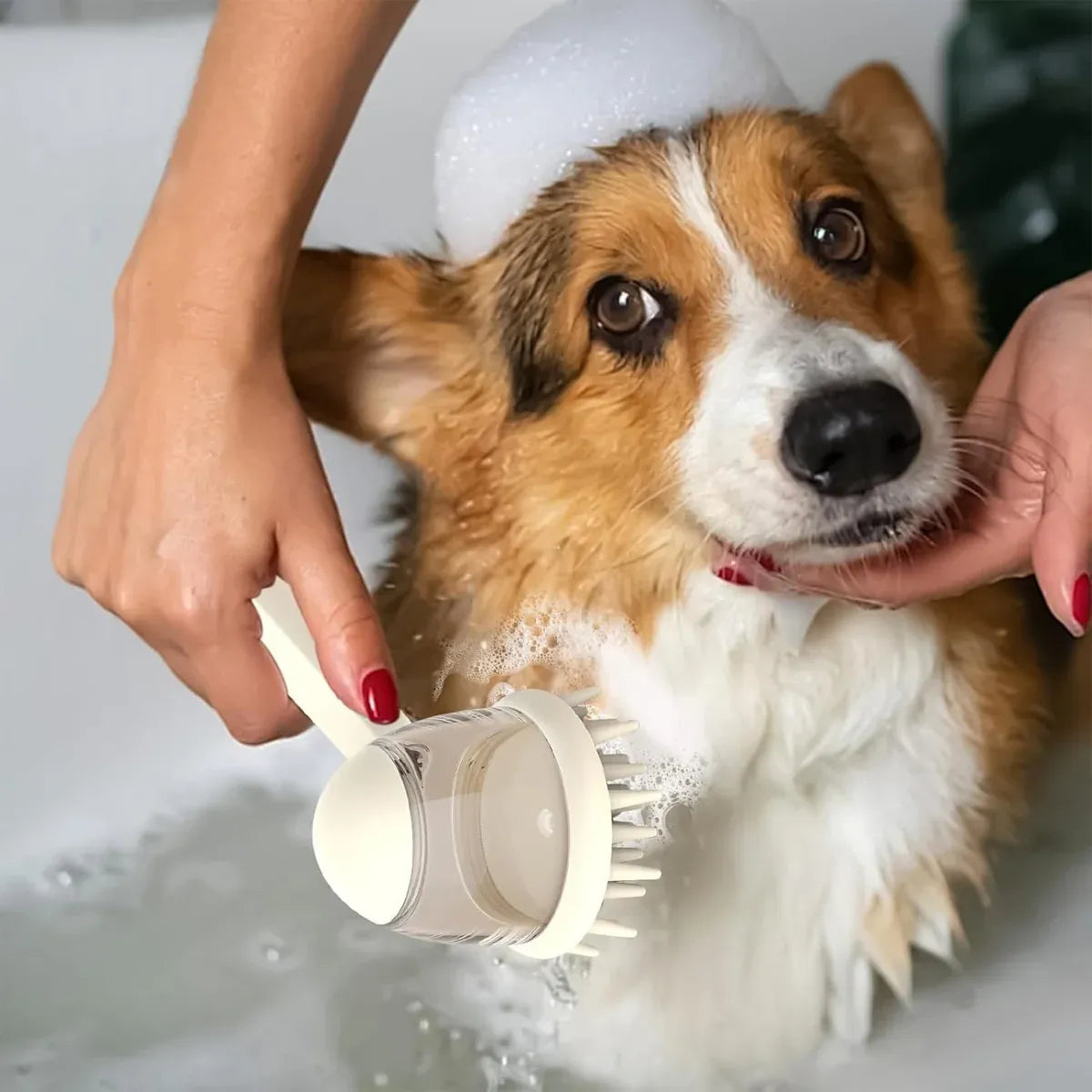Pet Bath Brush Dog Massage Brush Press to Dispense Liquid Pet Grooming Tools - Beige