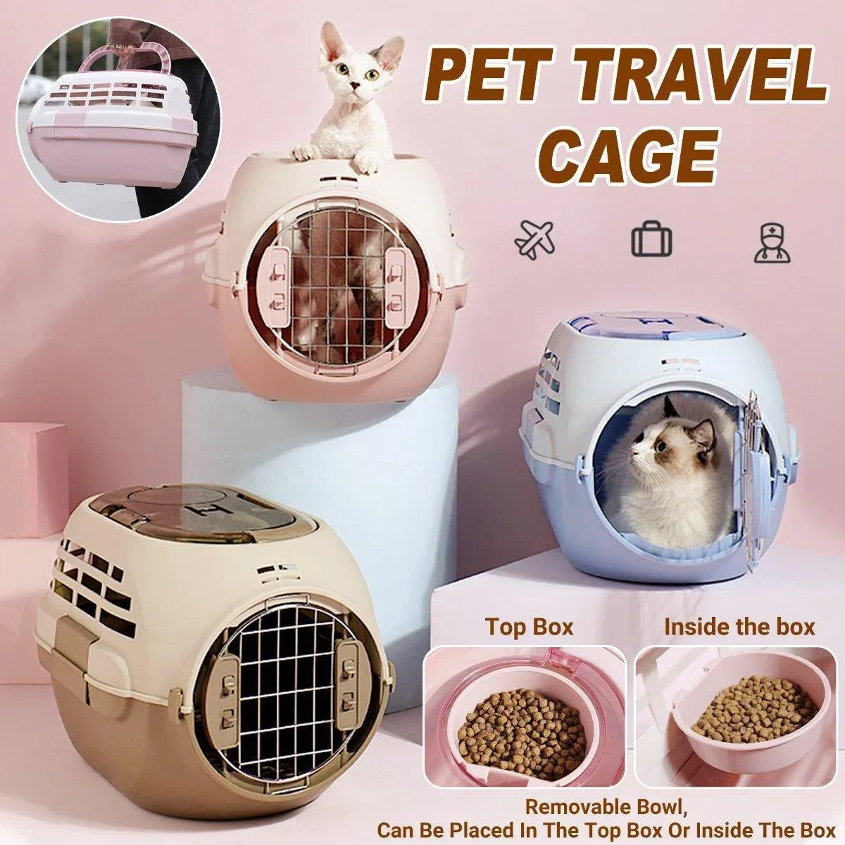 Dog and Cat Carrier Large Space Removable Sunroof Air Carrier for Pet Travel - Brown
