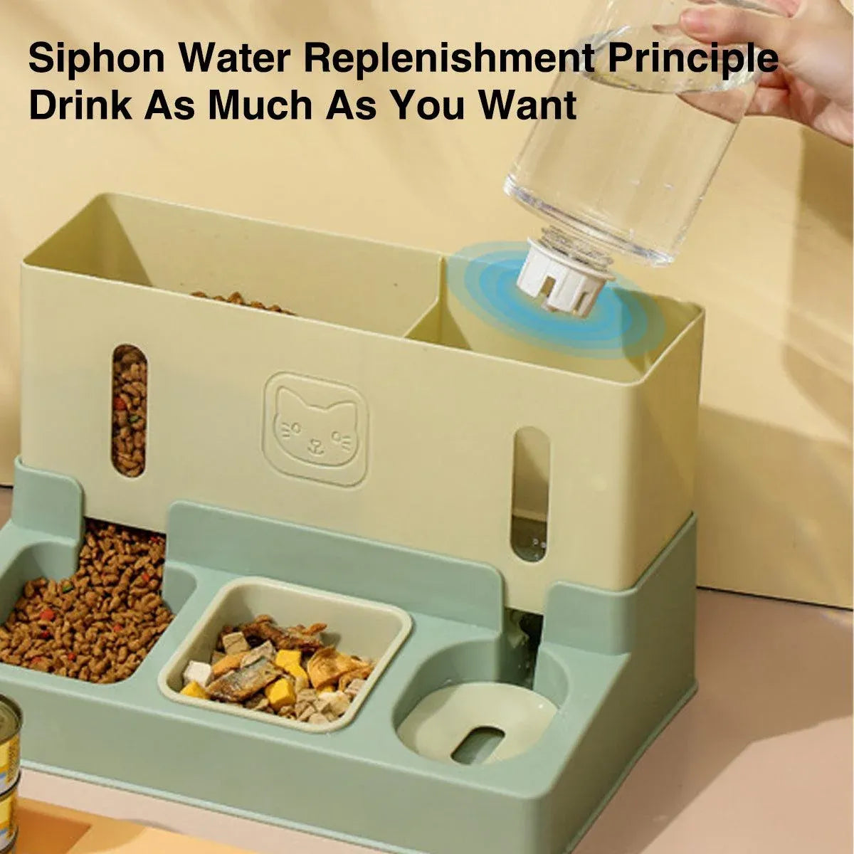 All in One Pet Feeding Bowl Cat Dog Water and Food Feeder Automatic Dispenser - Green