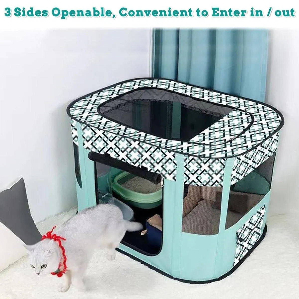 Foldable Cat Dog Kennel Pet Delivery Cage Portable Pet Fence Tent - Cyan-M