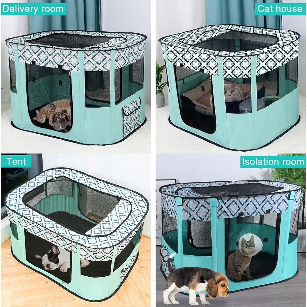 Foldable Cat Dog Kennel Pet Delivery Cage Portable Pet Fence Tent - Cyan-M