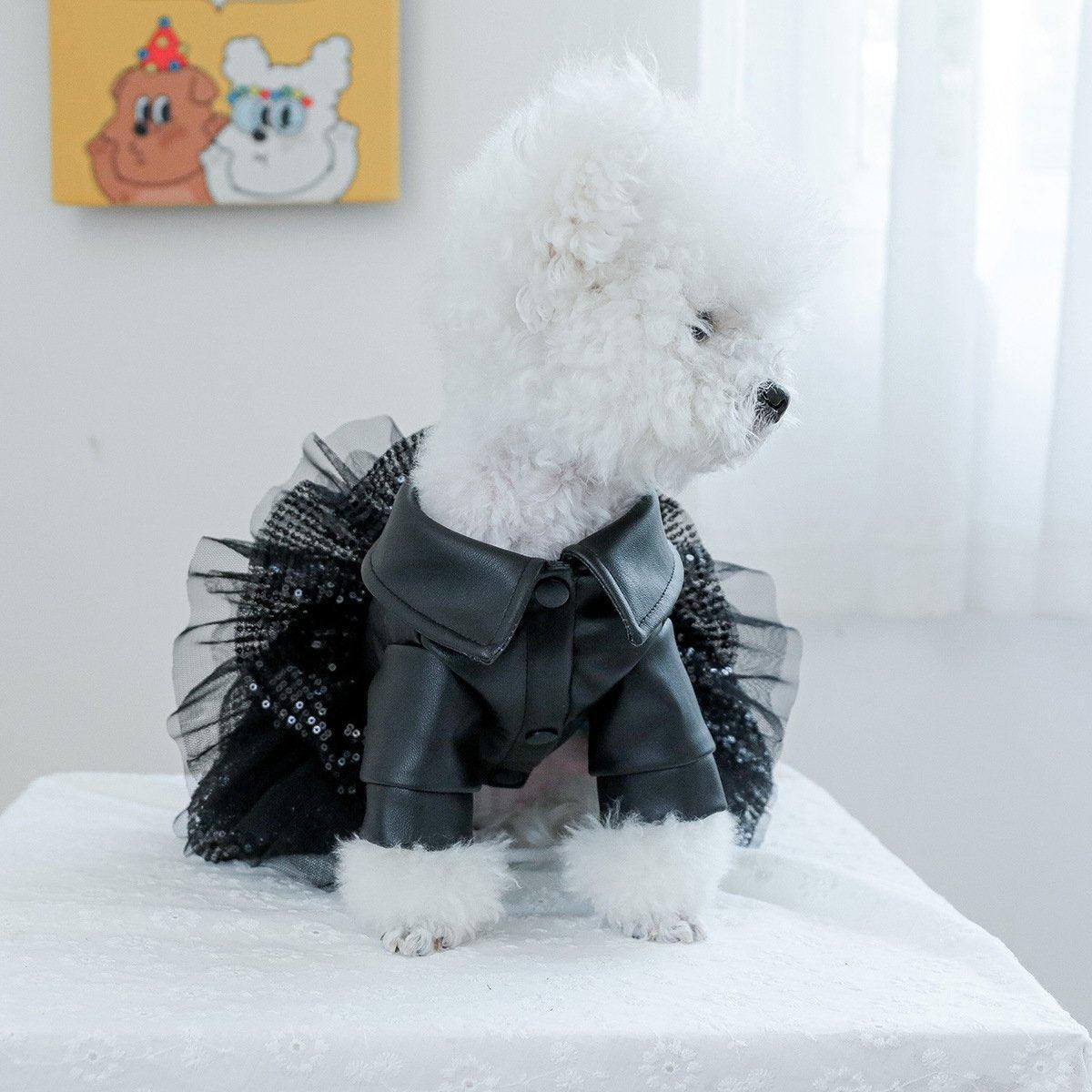 Autumn Winter Pet Dog Cat Dress Faux Leather Sequin Skirt Outfit for Small Dogs - L