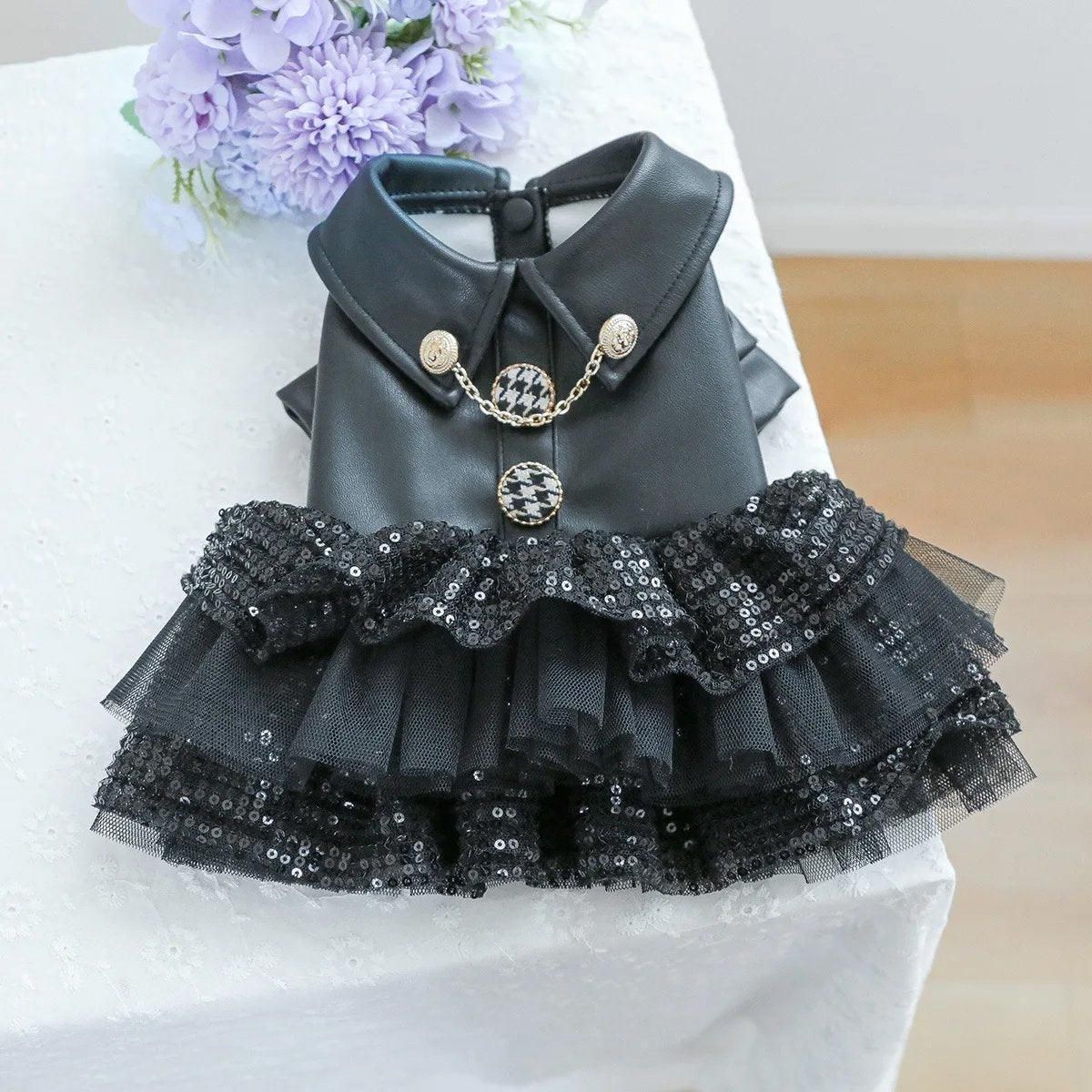 Autumn Winter Pet Dog Cat Dress Faux Leather Sequin Skirt Outfit for Small Dogs - M