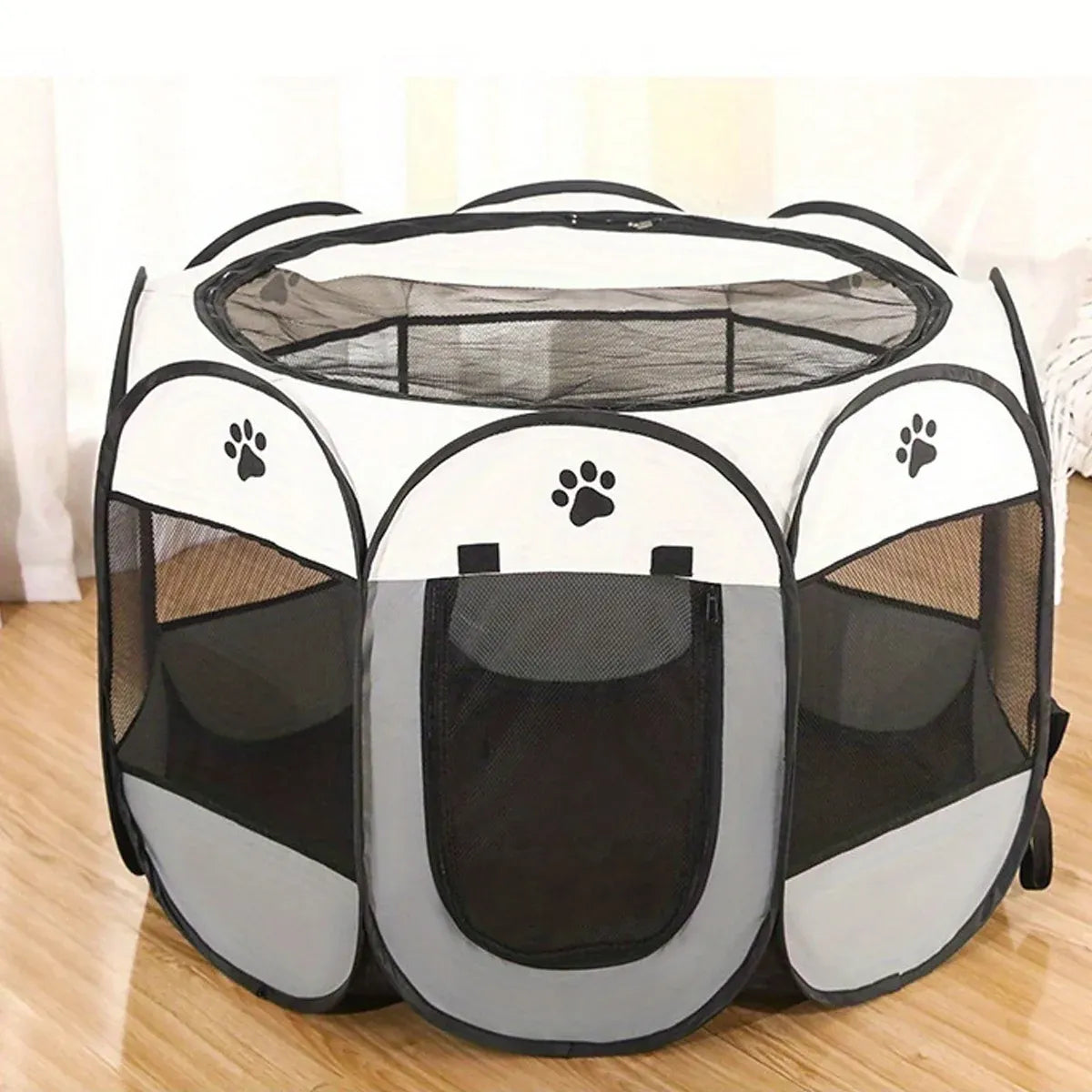Pet Fence Indoor Cat Dog Tent Octagonal Fence Portable Foldable Cage Kennel - L-Coffee