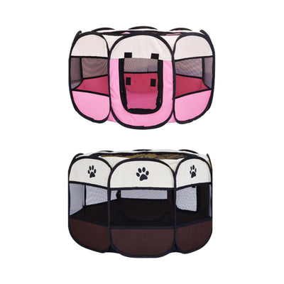 Pet Fence Indoor Cat Dog Tent Octagonal Fence Portable Foldable Cage Kennel - L-Coffee
