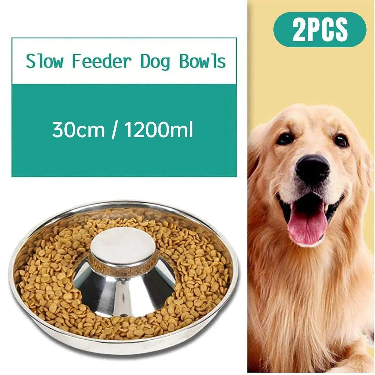 2pcs Stainless Steel Dog Cat Slow Feeder Pet Food Bowl Non-Slip Stop Eating Dish