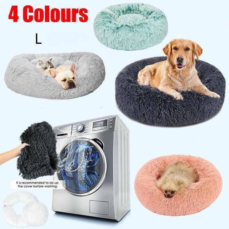 L-70CM Dog Cat Pet Calming Bed Washable ZIPPER Cover Warm Soft Plush Round Sleeping - Grey
