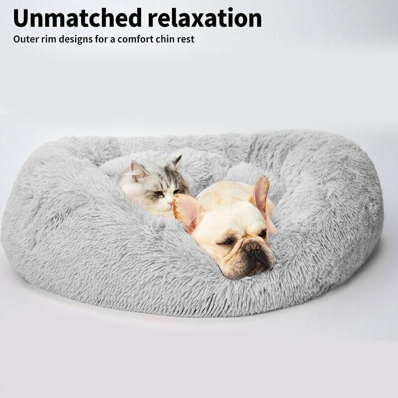 L-70CM Dog Cat Pet Calming Bed Washable ZIPPER Cover Warm Soft Plush Round Sleeping - Grey