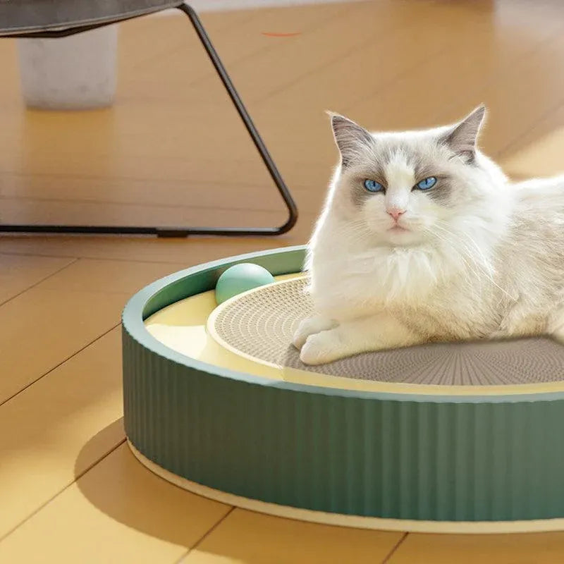 Cat Scratcher Lounge Bed Toy 40cm Round Foldable Cardboard Pad with Ball Track - White