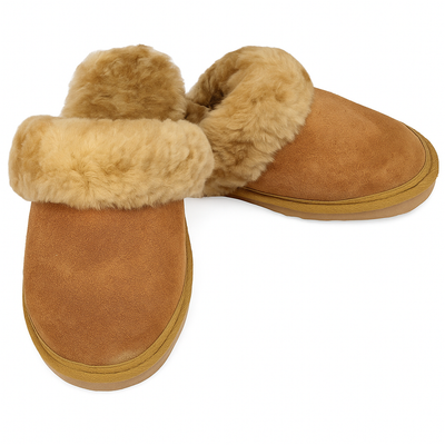 Sheepskin Wool Womens Slippers Scuffs Slip On Winter Ugg Slippers in Chestnut - 10