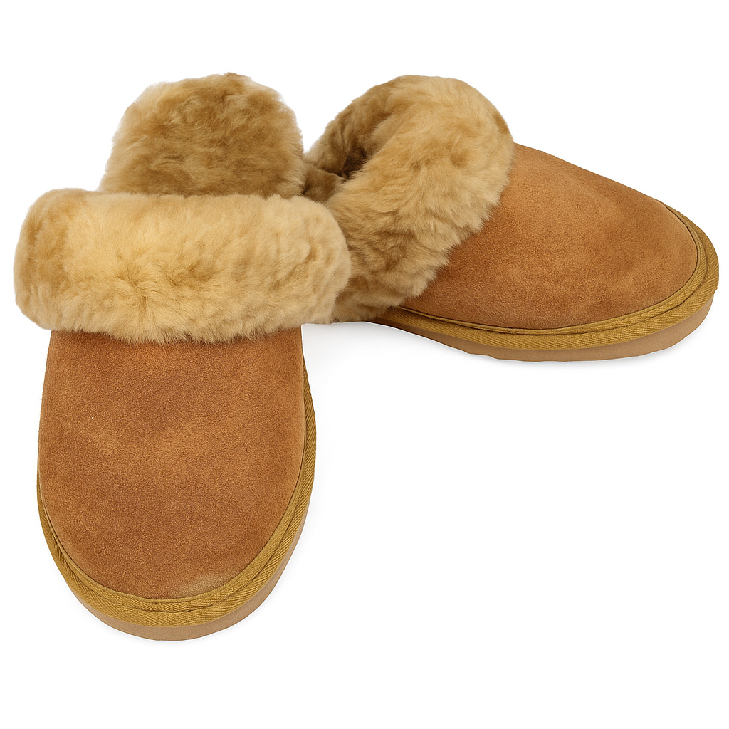 Sheepskin Wool Womens Slippers Scuffs Slip On Winter Ugg Slippers in Chestnut - 9