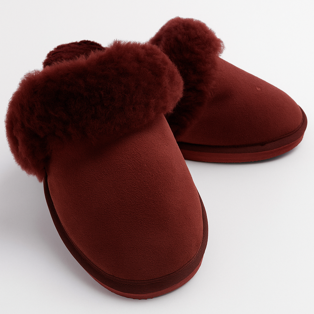 Sheepskin Wool Womens Slippers Scuffs Slip On Winter Ugg Slippers in Burgundy/Red - 8