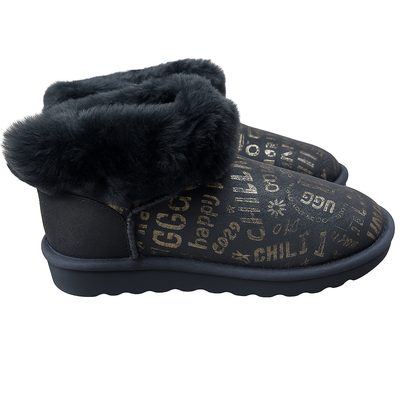 Womens Australian Sheepskin Wool Fur Mini UGG Ankle Boots in Gold Black - 7