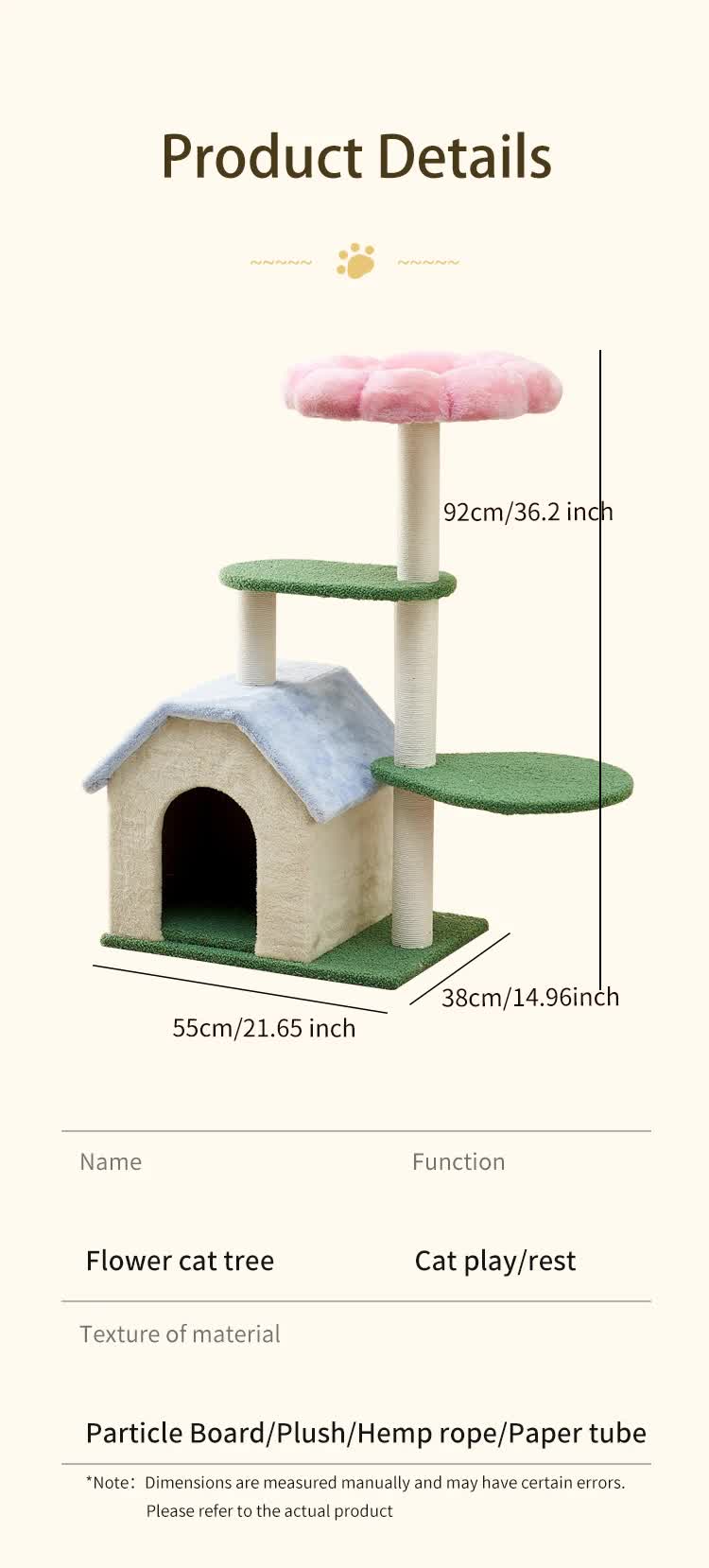 Floral Cat Tree with Cozy Hideaway and Scratching Posts (55x38x92 cm)