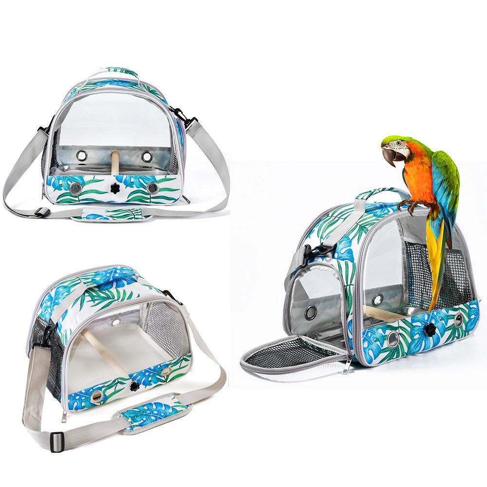 Stylish Leaf Print Clear View Bird Carrier - Portable Travel Cage with Perch & Tray for Parrots, Cockatiels & Small Pets