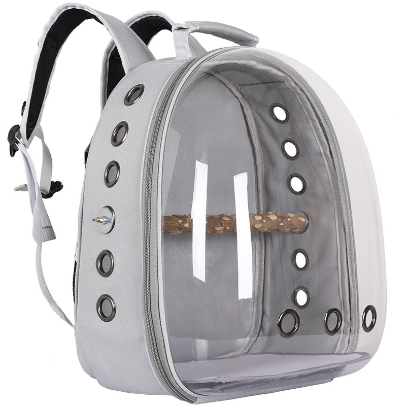 Grey Stylish Transparent PVC Pet Carrier Backpack - Large Capacity, Multi-Use for Birds & Cats(Including Wooden Stick)