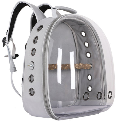 Grey Stylish Transparent PVC Pet Carrier Backpack - Large Capacity, Multi-Use for Birds & Cats(Including Wooden Stick)