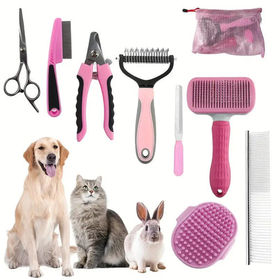 Pink Professional 9-Piece Pet Grooming Kit - DeShedding Brushes, Nail Clippers, Combs & Scissors Set for Dogs, Cats & Rabbits with Storage Bag