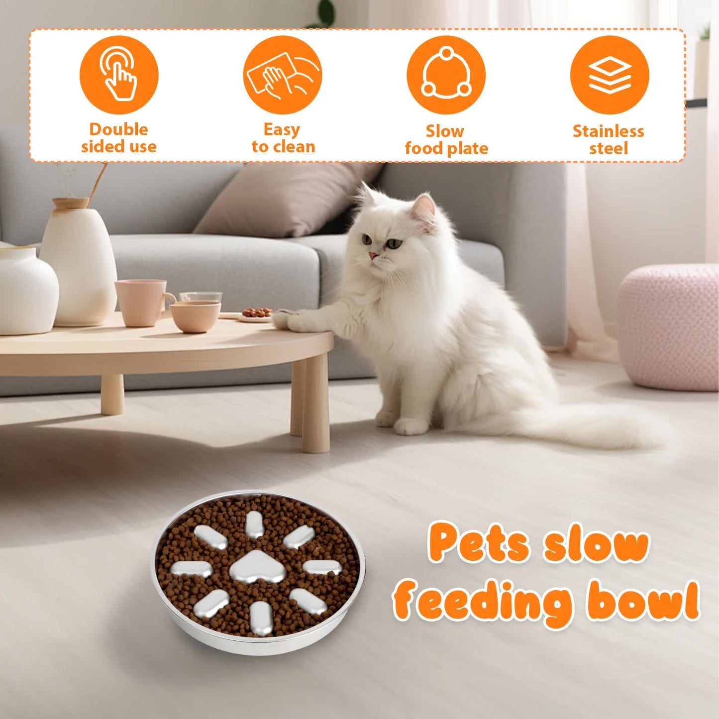 2-Pack Reversible Heavy-Duty 304 Stainless Steel Slow Feeder Bowl(23x23x3.5CM) - Anti-Slip/Tip Pet Dish for Dogs & Cats to Prevent Bloating and Choking