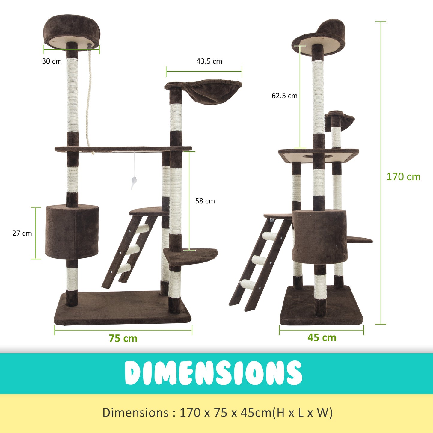 Cat Tree Multi Level Scratcher FUJI 170cm BROWN