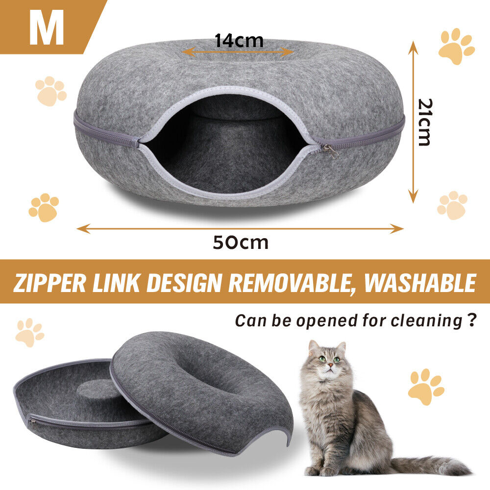 Dark Grey Cat Tunnel Bed Felt Pet Puppy Nest Cave House Toy Washable Detachable